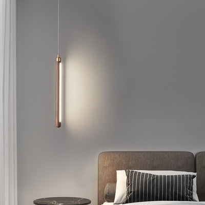 Modern Minimalist Linear Wood Copper Acrylic LED Pendant Light For Bedroom