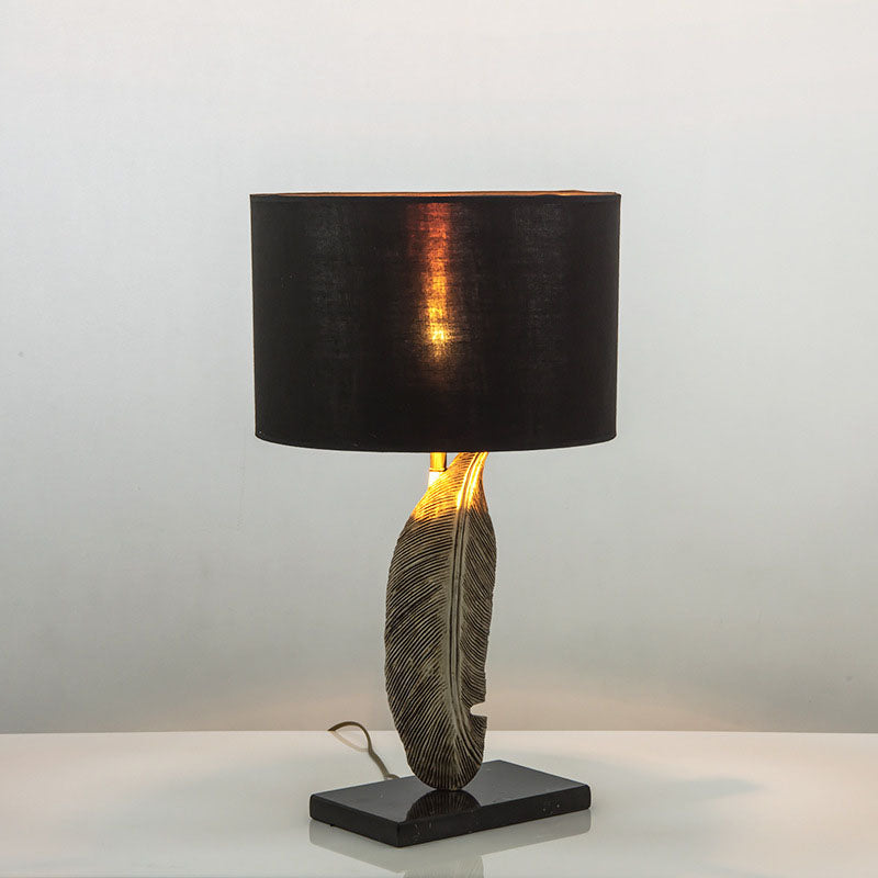 Modern Minimalist Cylinder Leaf Fabric Resin Hardware 1-Light Table Lamp For Bedroom