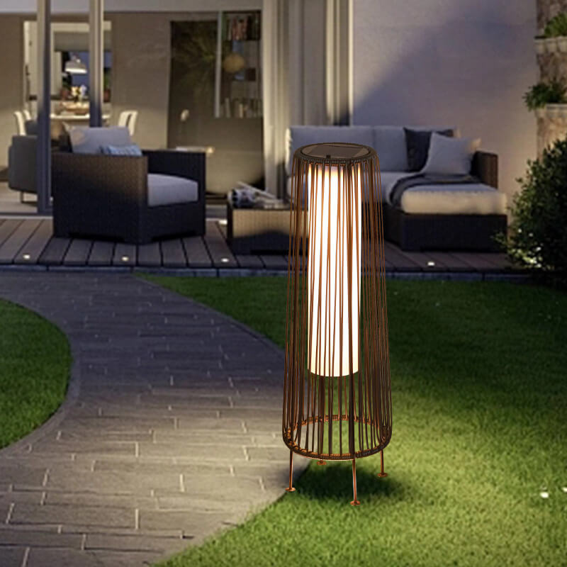 Lumière extérieure LED en osier de rotin de fer trapézoïdal rond solaire moderne Shabby Chic pour Patio extérieur 