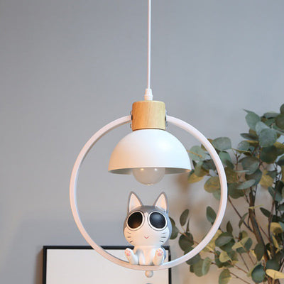 Contemporary Nordic Wood Iron Resin Round Cartoon Cat 1-Light Pendant Light For Bedside