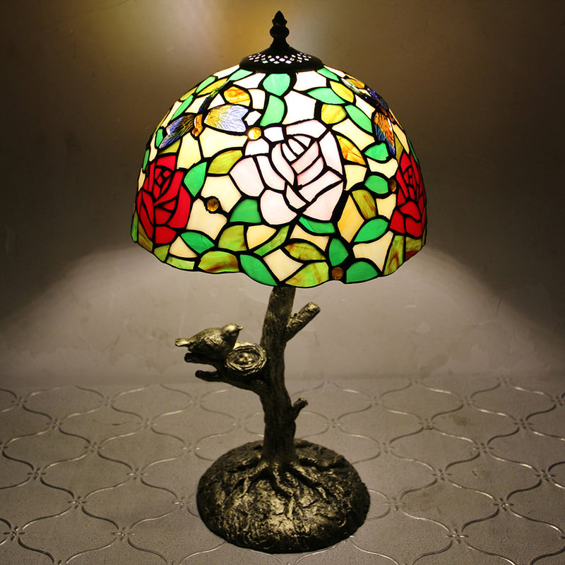 Traditional Tiffany Dome Flower Hardware Stained Glass 1-Light Table Lamp For Bedroom