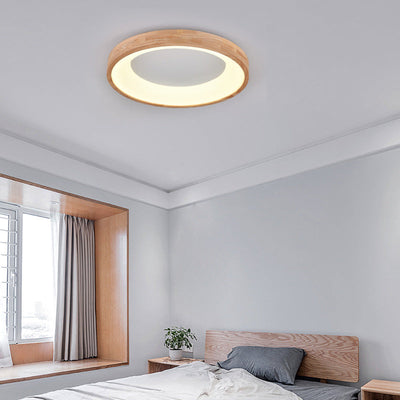 Modern Minimalist Ring Acrylic Oak LED Flush Mount Ceiling Light For Living Room