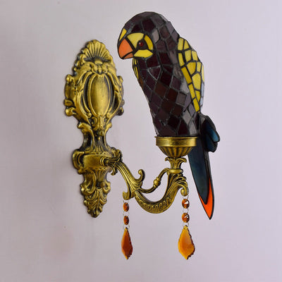 Traditional Tiffany Stained Glass Parrot Crystal 1-Light Wall Sconce Lamp For Living Room