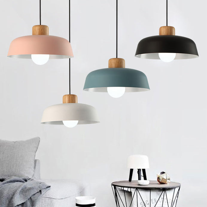 Contemporary Scandinavian Round Bowl Metal Rubber Wood 1-Light Pendant Light For Dining Room