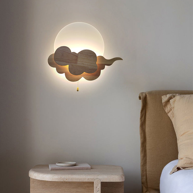 Traditional Chinese Round Cloudy Wood Acrylic LED Wall Sconce Lamp For Living Room