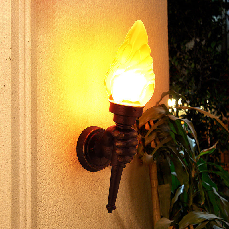 Contemporary Creative Hand Held Torch Aluminum Glass 1-Light Outdoor Wall Sconce Lamp For Garden