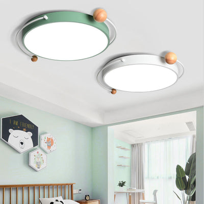 Contemporary Scandinavian Round Orb Curved Tube Iron Acrylic Wooden LED Flush Mount Ceiling Light For Bedroom