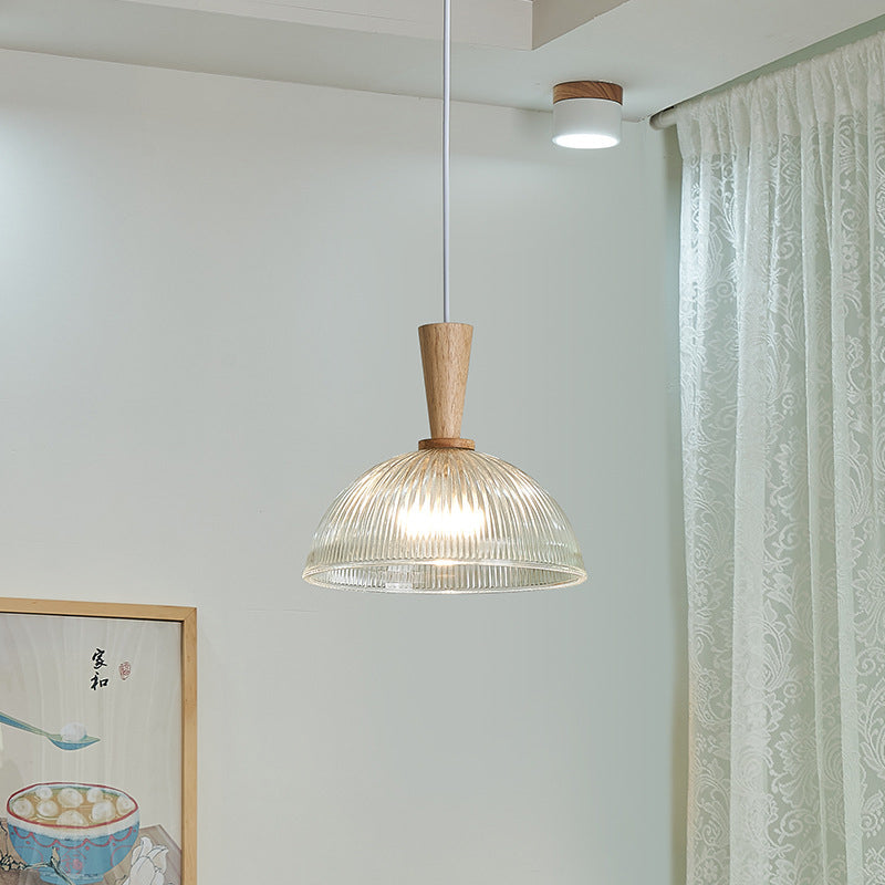 Modern Minimalist Round Lace Stripe Glass Wood 1-Light Pendant Light For Living Room