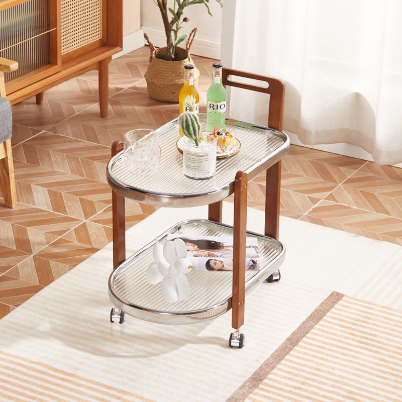 Traditional Japanese Removable Oval Wooden Stainless Steel Glass End Table 2-Tier For Living Room