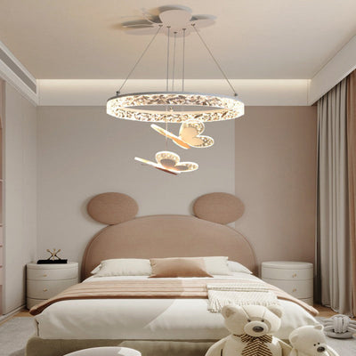 Contemporary Creative Kids Round Butterfly Iron Acrylic LED Chandelier For Bedroom