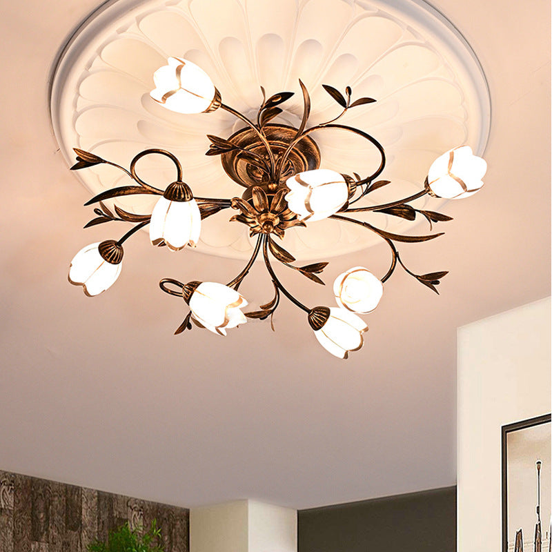 Traditional French Flower Shaped Iron Glass 4/6/8/10/12 Light Semi-Flush Mount Ceiling Light For Bedroom