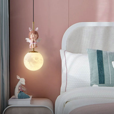 Contemporary Nordic Kids Resin Glass Round Angel 1-Light Pendant Light For Bedside