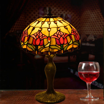 Traditional Tiffany Stained Glass Red Tulip Dome Aluminum Base 1-Light Table Lamp For Bedroom