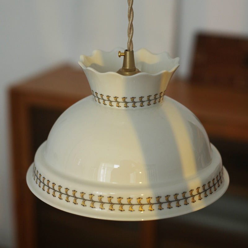 Traditional Japanese Brass Printed Ceramic Bowl-Shaped 1-Light Pendant Light For Living Room