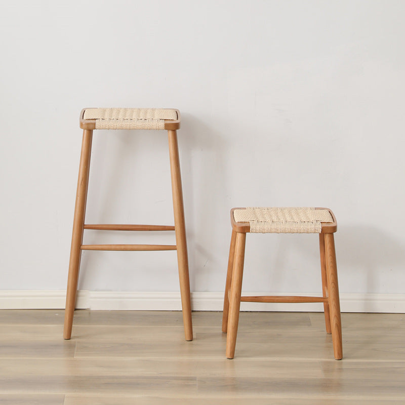 Traditional Japanese Rectangular Rope Woven Wooden Bar Stool For Dining Room