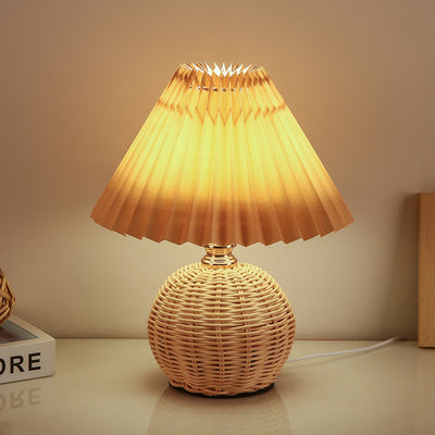 Contemporary Nordic Rattan Fabric Pleated Conic Ball LED Table Lamp For Bedroom