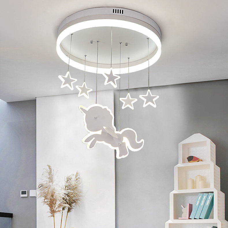 Contemporary Nordic Kids Iron Acrylic Round Unicorn Star LED Flush Mount Ceiling Light For Bedroom