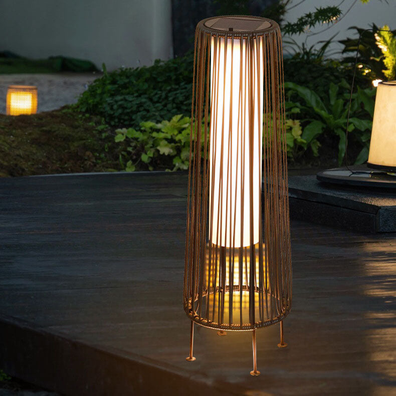 Modern Shabby Chic Solar Round Trapezoidal Iron Rattan Wicker LED Outdoor Light For Outdoor Patio