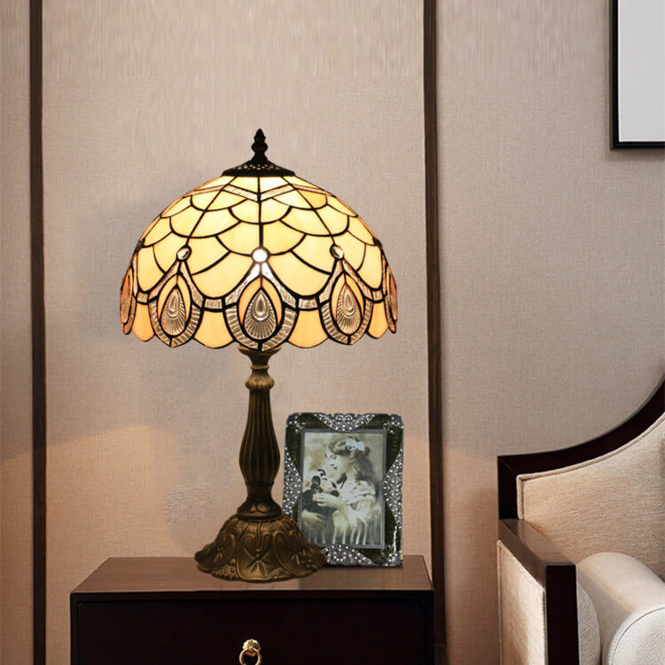 Lampe de table à 1 lumière avec base en résine de lotus rétro Tiffany 