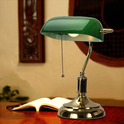 Traditional Vintage Glass Metal Pull Cord Switch 1-Light Bank Table Lamp For Bedroom