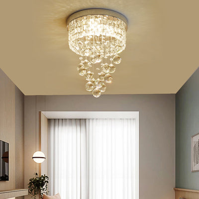 Traditional European Stainless Steel Crystal Round Pendant LED Flush Mount Ceiling Light For Hallway