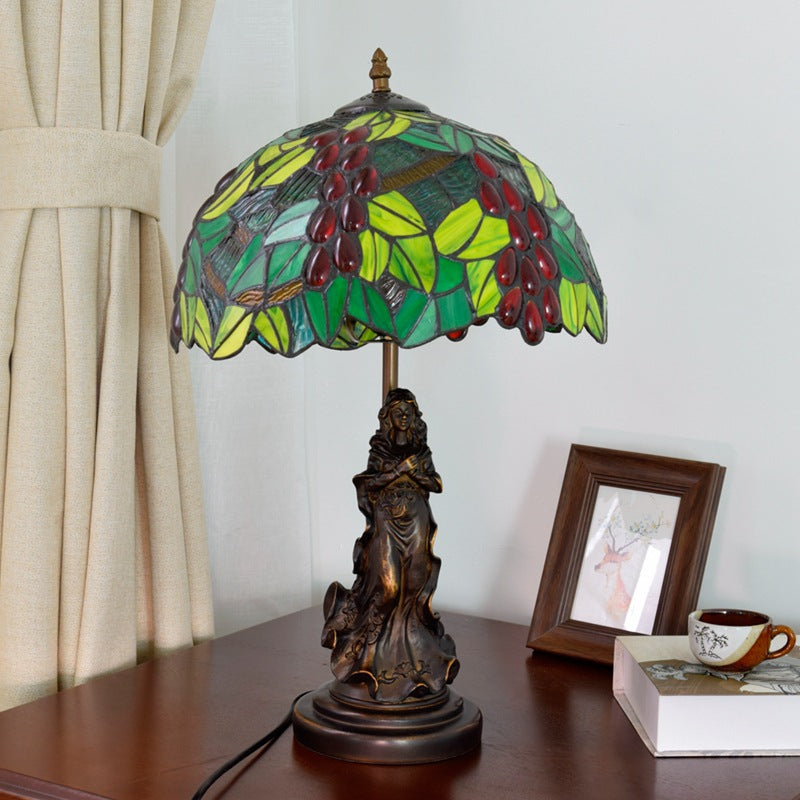 Traditional Tiffany Grape Decor Stained Glass Shade Resin Base 1-Light Table Lamp For Bedroom