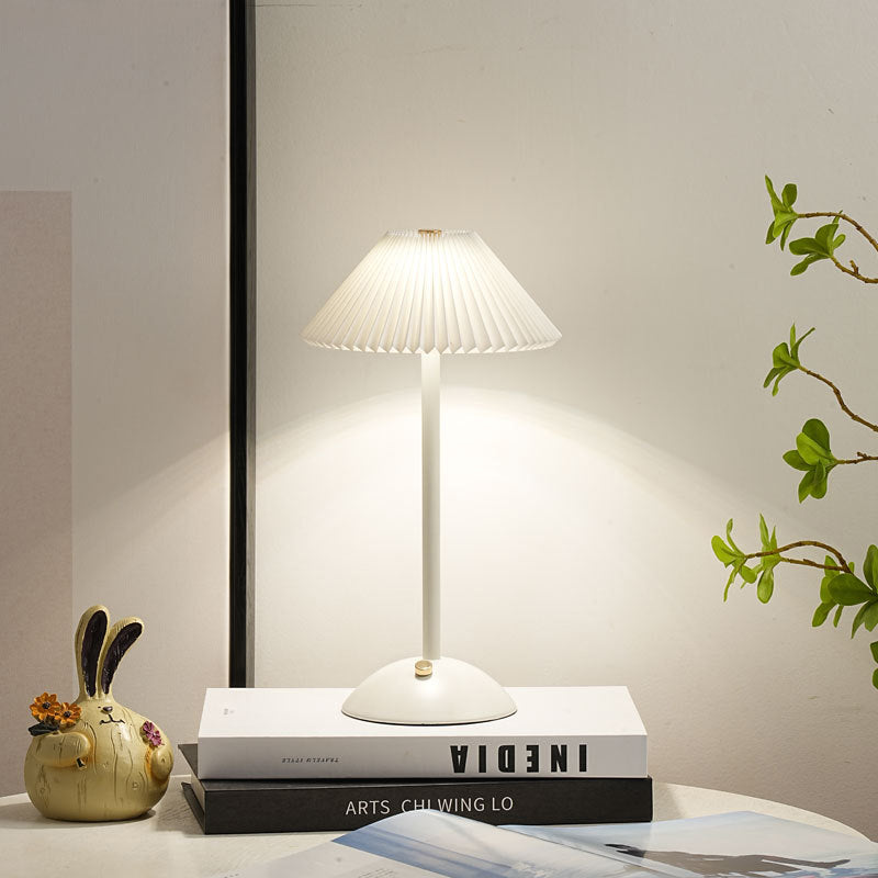 Contemporary Scandinavian Rechargeable Iron Fabric Conic Pleated LED Table Lamp For Bedside