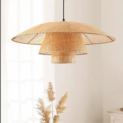 Traditional Japanese Triple Round Rattan 1-Light Chandelier For Living Room