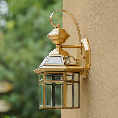 European Outdoor Hexagonal Cage Glass Copper 1-Light Waterproof Wall Sconce Lamp