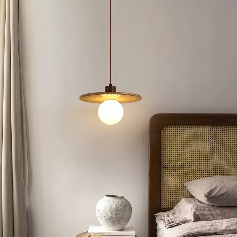 Contemporary Scandinavian Half Globe Cylindrical Stone Solid Wood Glass 1-Light Pendant Light For Bedroom