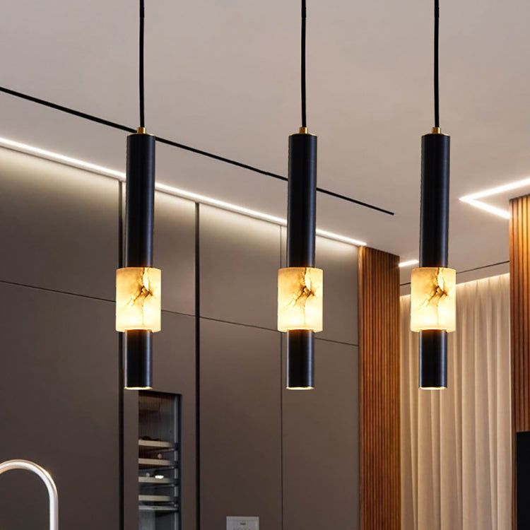 Contemporary Luxury Copper Long Strip Marble Shade LED Pendant Light For Living Room