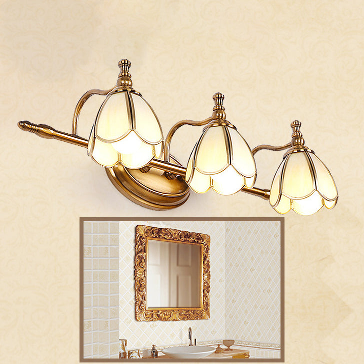 European Vintage Luxury Glass Flower Bell Copper 2/3 Light Wall Sconce Lamp For Bedroom