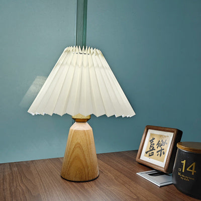 Contemporary Scandinavian Trapezoidal Pleated Fabric Wood 1-Light Table Lamp For Bedroom