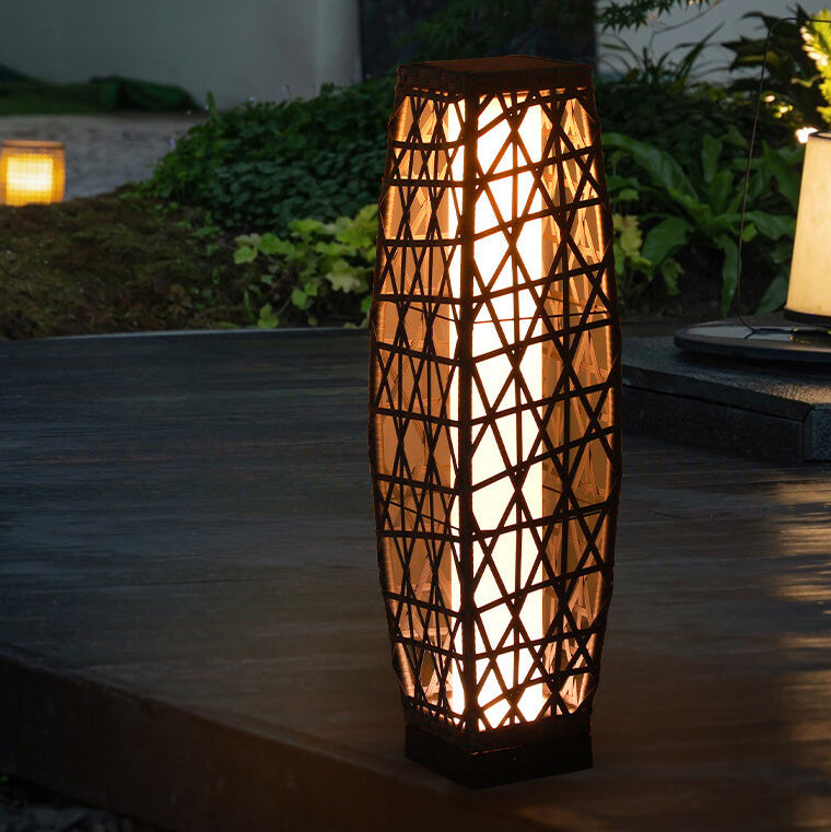 Modern Minimalist Solar Quartet Iron Rattan Woven LED Standing Floor Lamp For Outdoor Patio