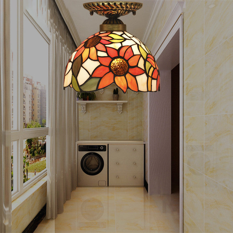 Traditional Tiffany Stained Glass Sunflower Bowl Shape 1-Light Semi-Flush Mount Ceiling Light For Living Room