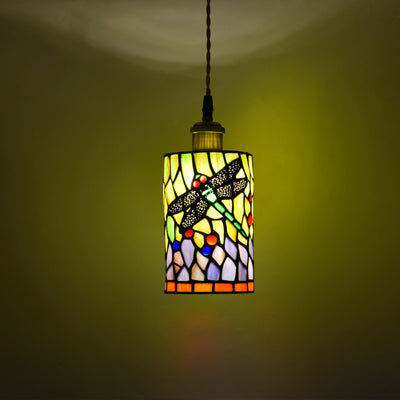 Traditional Tiffany Stained Glass Dragonfly Cylinder 1-Light Pendant Light For Living Room