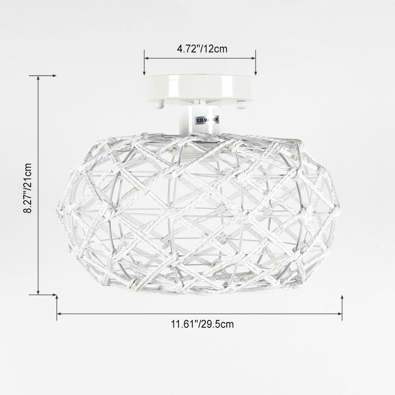 Contemporary Coastal Oval Iron Paper Rope 1-Light Semi-Flush Mount Ceiling Light For Living Room