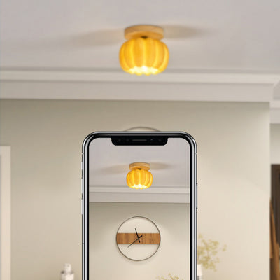 Contemporary Creative Pumpkin Solid Wood Resin Fiberglass 1-Light Semi-Flush Mount Ceiling Light For Living Room