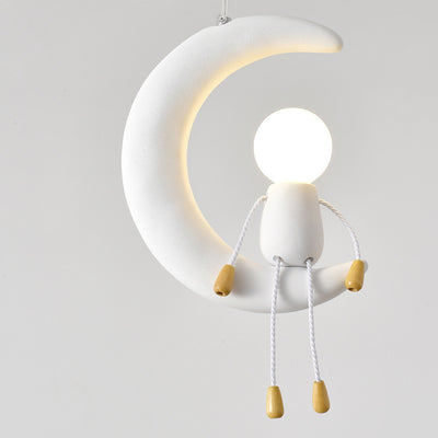 Contemporary Nordic Kids Iron Resin Glass Moon Doll 1-Light Pendant Light For Bedside