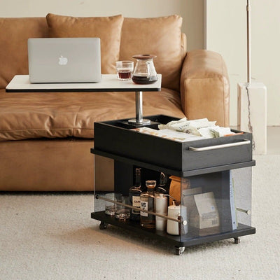 Modern Minimalist Rectangular Wood Slab Glass Stainless Steel End Table 3-Storage Liftable For Living Room