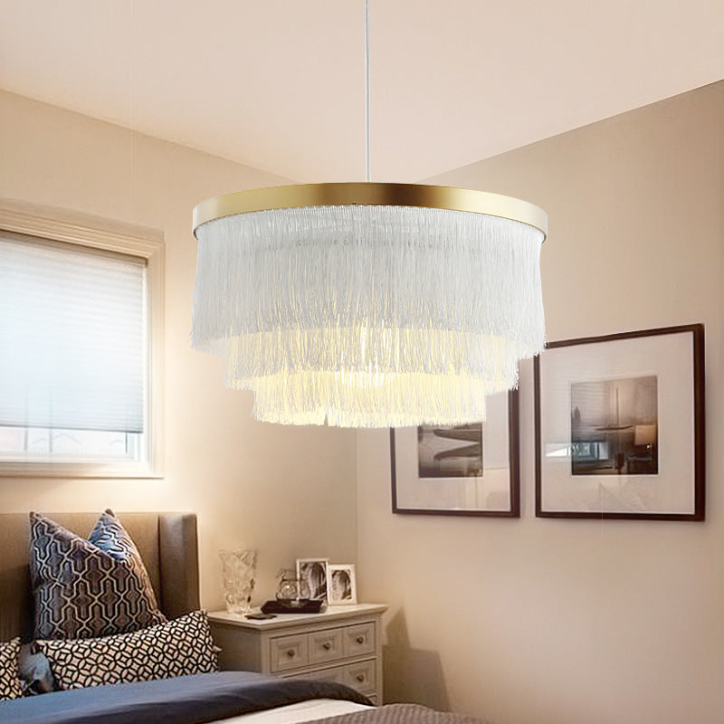 Contemporary Scandinavian Tassel Round Silk Polyester Iron 1-Light Pendant Light For Bedroom