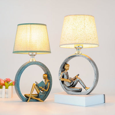 Contemporary Creative Round Girl Boy Resin Fabric 1-Light Table Lamp For Living Room