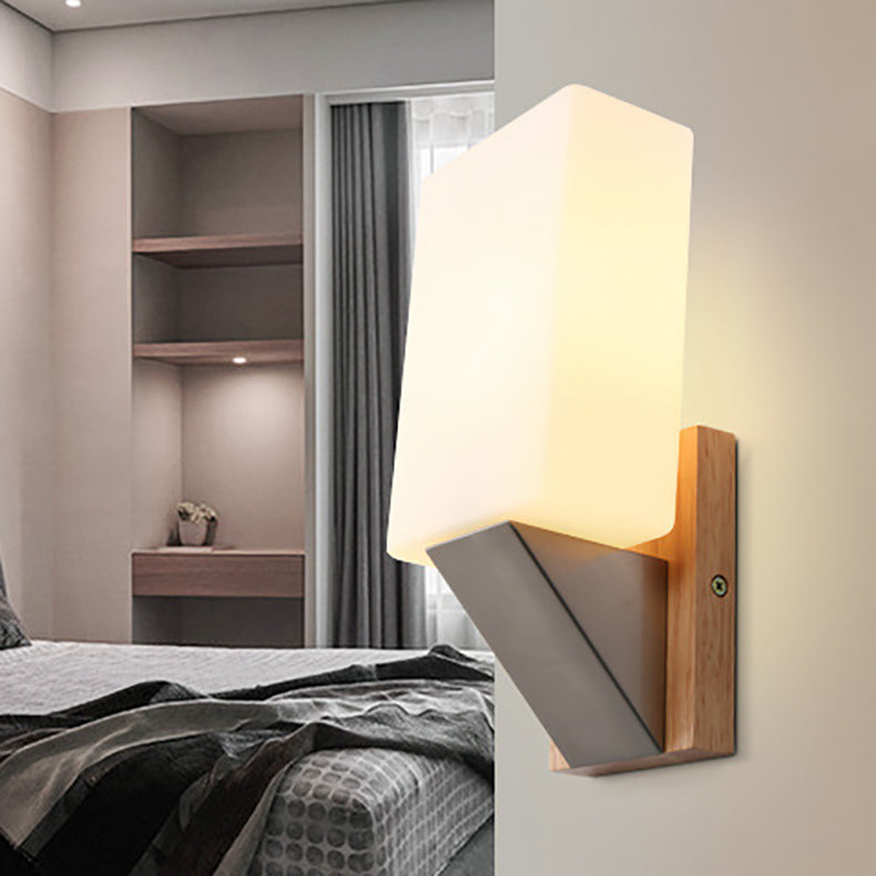 Modern Minimalist Rectangle Wood Glass 1-Light Wall Sconce Lamp For Bedroom