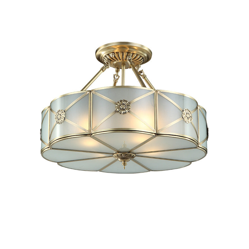 Modern Light Luxury Carving Copper Round Glass 4-Light Semi-Flush Mount Ceiling Light