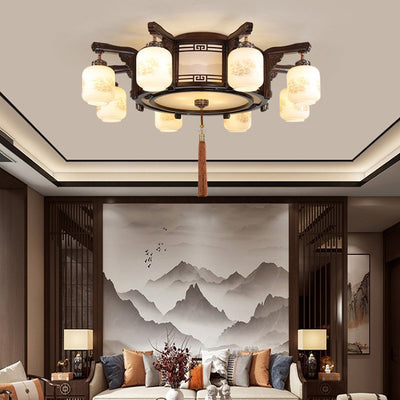 Traditional Chinese Wood Acrylic Glass Round Rectangular Lantern 6/8/10 Light Flush Mount Ceiling Light For Living Room