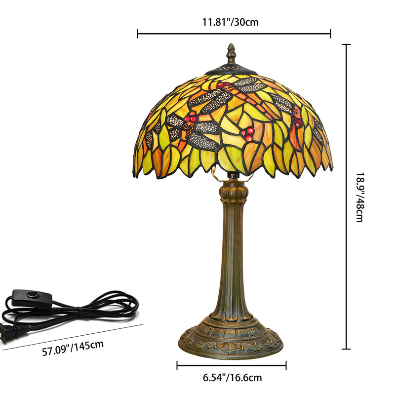 Traditional Tiffany Cylinder Half Round Disc Base Dragonfly Leaf Aluminum Glass 1-Light Table Lamp For Bedroom