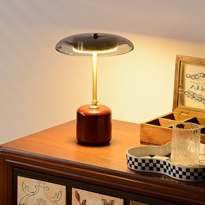 Contemporary Retro Brass Wood Glass Round Cylinder LED Table Lamp For Bedside