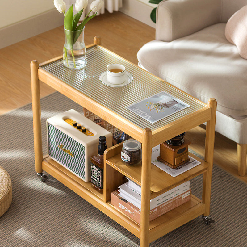 Modern Simplicity Rectangular Glass Top Wood Frame Side Table 2-Tier For Living Room