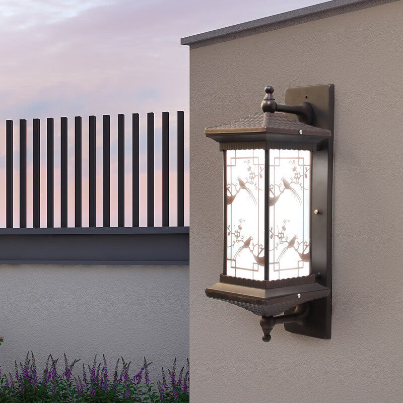 Traditional Chinese Rectangular Aluminum Glass Solar LED Wall Sconce Lamp For Garden