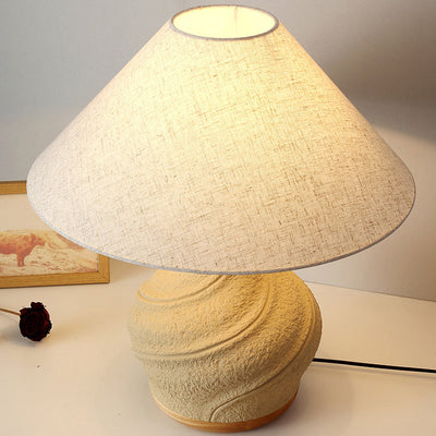 Traditional Japanese Cone Fabric Shade Concrete Vase Base 1-Light Table Lamp For Study